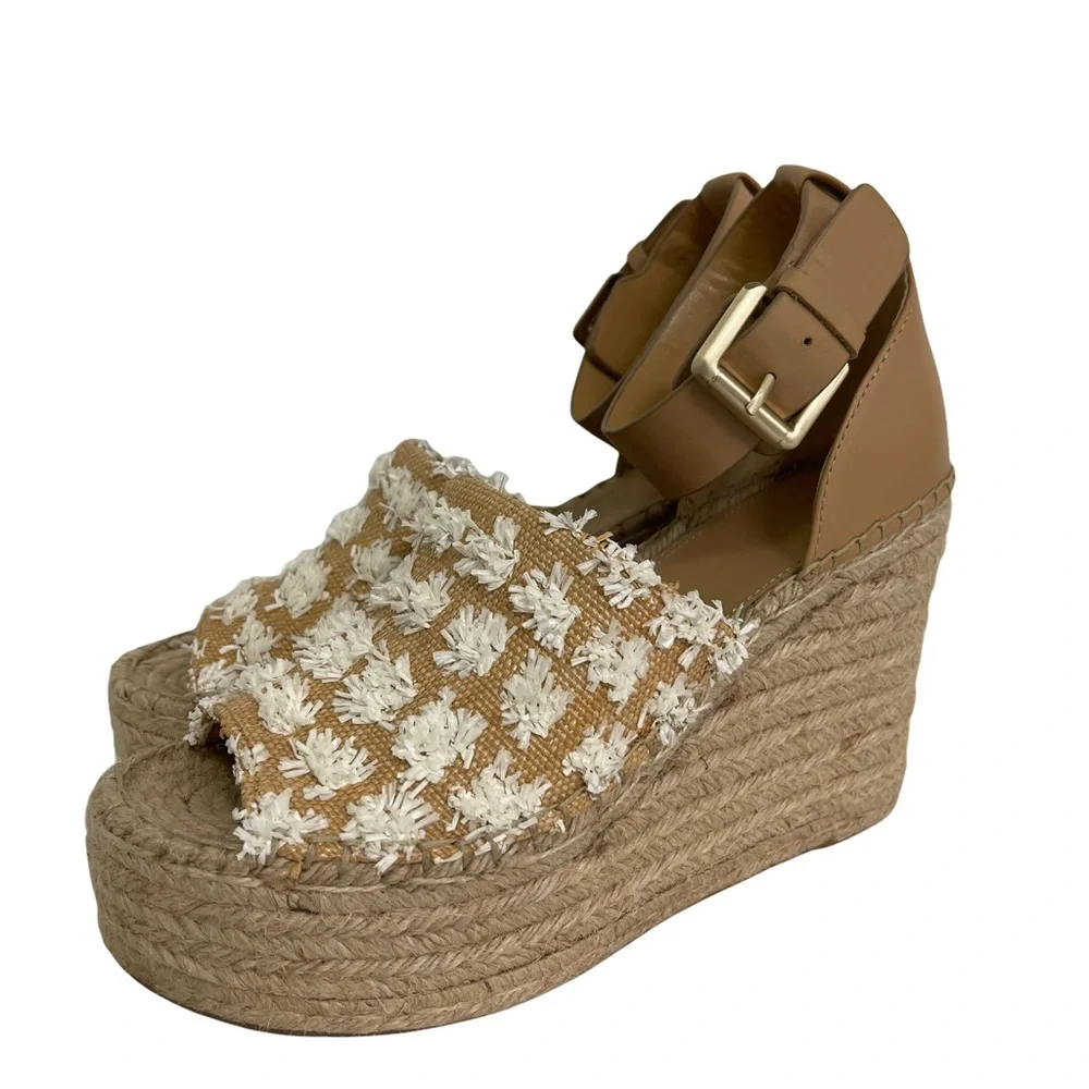 Marc Fisher Tan and White Espadrille Wedge Sandals
